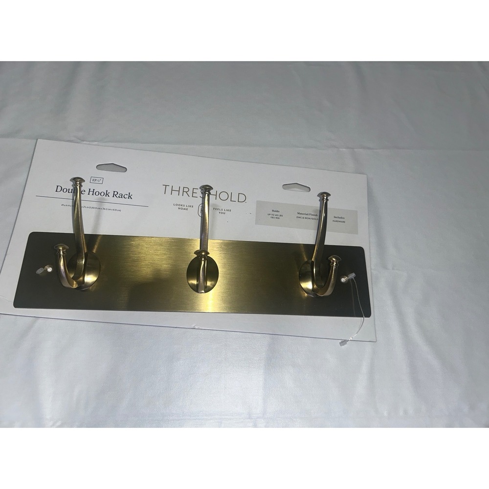 Threshold Double Hook Rack 13.5in Gold Finish Wall Mount 3 Hook 40lb Capacity
